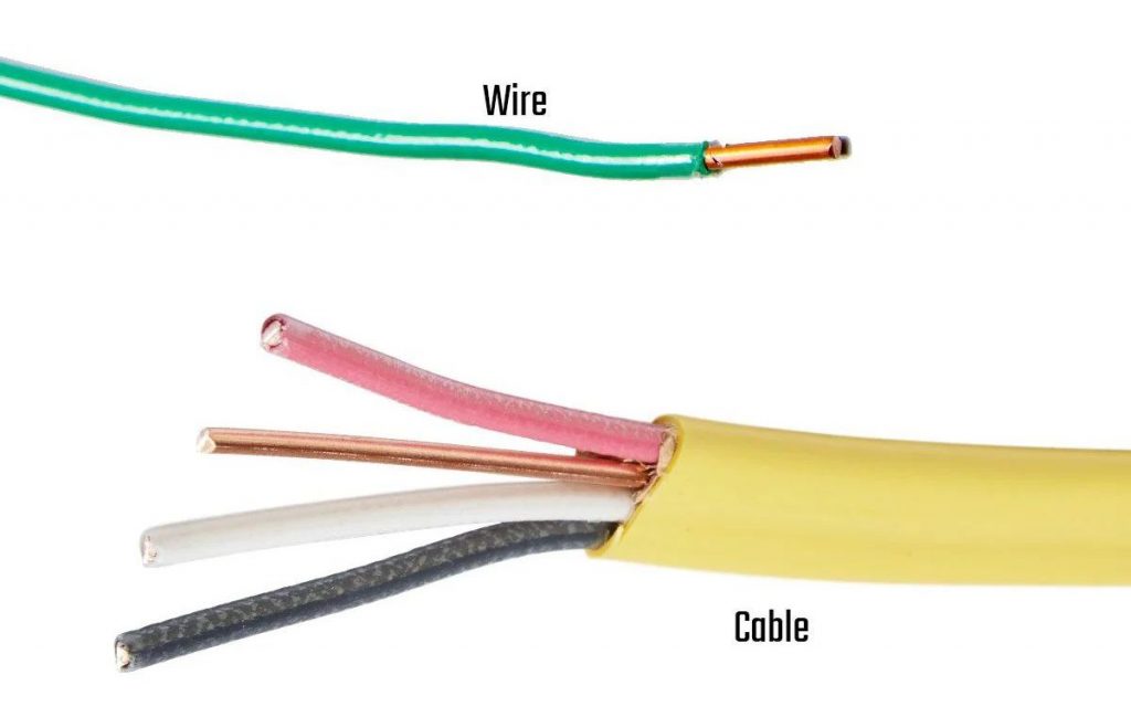 Diferença entre fios e cabos: fio verde com um único filamento e cabo amarelo com vários filamentos internos.